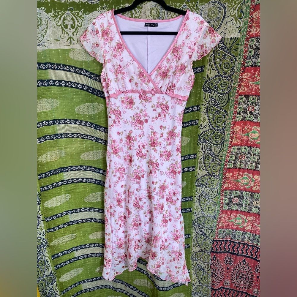Vintage Y2K Revival Ruby Rox Pink/ Floral Garden Party Midi Dress Size 9